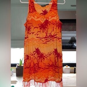 Vintage Sonoma Jean Company Orange Palm Tree Print Fringe Tank Dress Size S
